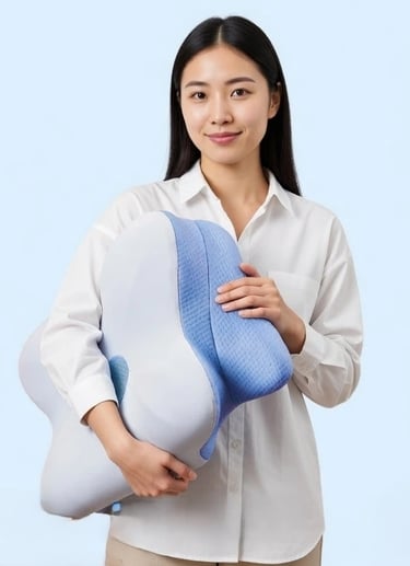 日本人女性が人間工学設計の枕を持っている様子