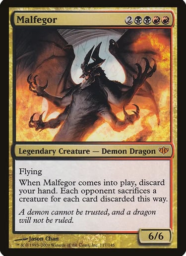 Malfegor Magic the Gathering card featuring a multi-armed winged demon dragon surrounded by fire.