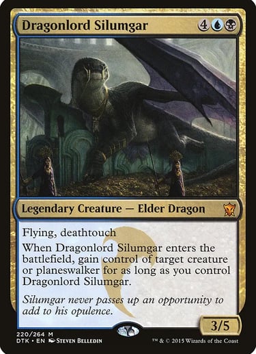 Dragonlord Silumgar Magic: The Gathering card featuring an elder dragon sitting on a pile of gold.