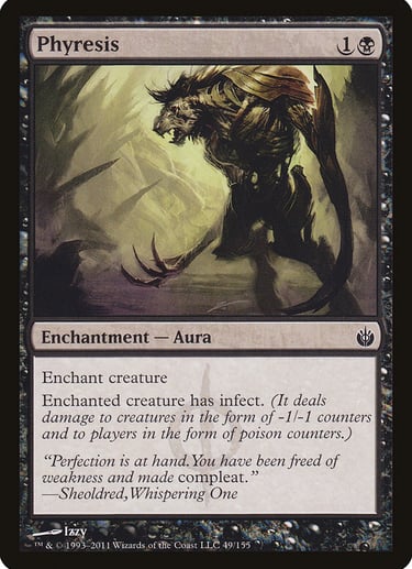 Phyresis Magic: The Gathering card featuring a mutated creature with the infect ability and black mana symbols.