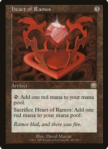 Heart of Ramos Magic: The Gathering card featuring a glowing red gem artifact with a dark background.