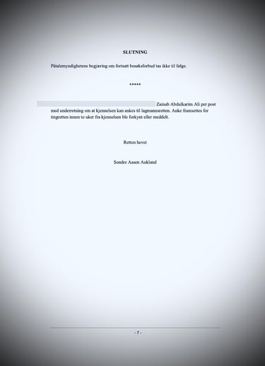 Oslo-domstolens kjennelse, Maren Brit Østern, Majorstuen, Zainab Abdulkarim, ‏human trafficking case