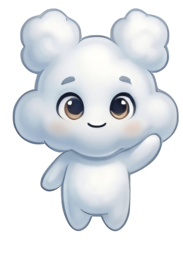 Cute white cloud character illustration with big brown eyes waving hello.