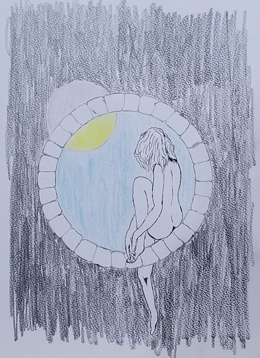 Dibujo a lápices de colores de una muchacha subida a un ventanal redondo, de Óscar Ocaña Parrón