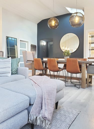 Open plan living dining, teal accent wall, globe pendants, cathedral ceiling, Medford MA, Erica Fossati Design