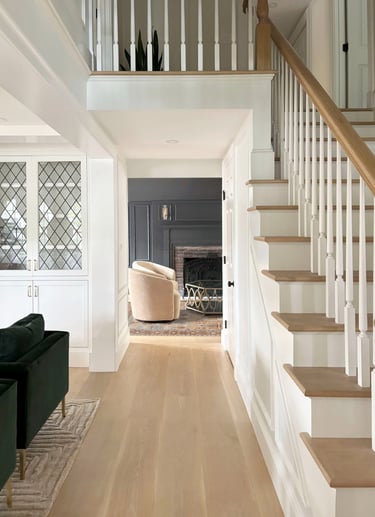 Colonial Revival renovation entry hall, white oak staircase, Reading MA — Erica Fossati Design