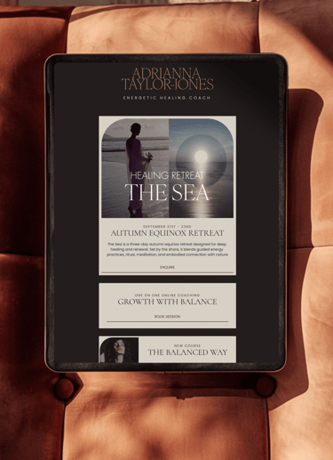 A high-end digital tablet displaying a refined Systeme.io Link in Bio + Sales Page template for a ho