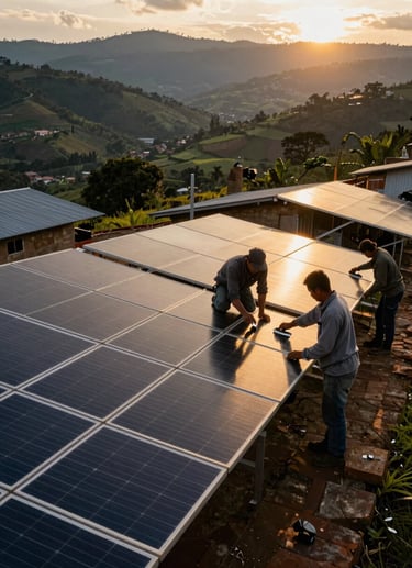 Wide portrait frame: technical team installing solar panels on a rural rooftop in the Colombian Andean foothills, shot from ground level looking up, golden hour light raking across the panels and the workers' silhouettes, Huila valley visible in the background, no posing — documentary capture of active installation work