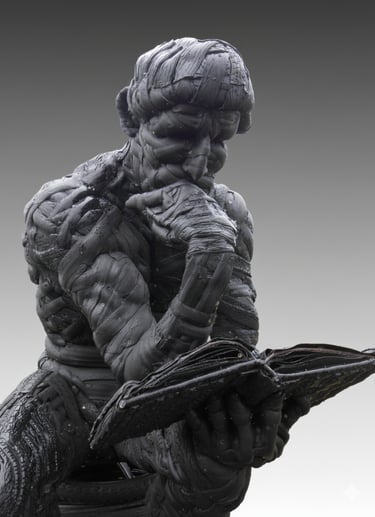 Sculpture based on Rodin's 'The Thinker'. made from recycled bicycle tyres over a steel frame.