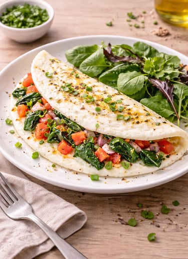 Omelette de claras de huevo con verduras y especias, desayuno saludable alto en proteína servido en 