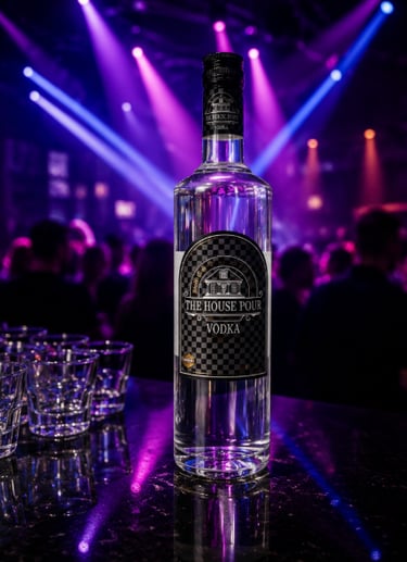 Vodkafles op een verlichte nachtclubbar met gasten, cocktailglazen en sfeervolle clubverlichting.