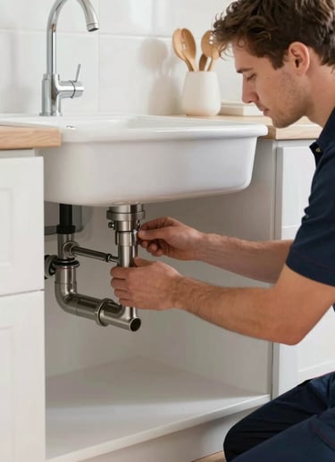 A professional plumbing service technician in Germany, wearing a dark blue work uniform, meticulously installing stainless steel pipes under a modern porcelain sink in a brightly lit residential kitchen. Central European interior styling, clean composition, natural and soft shadows, emphasizing precision, reliability, and modern craftsmanship.