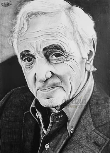 Portrait dessiné en noir et blanc de Charles Aznavour