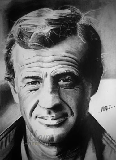 Portrait dessiné en noir et blanc de Jean-Paul Belmondo