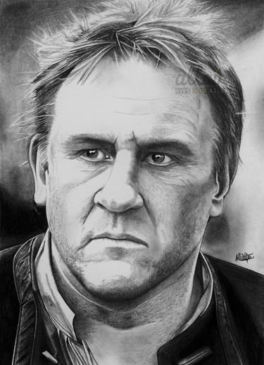 Portrait dessiné en noir et blanc de Gérard Depardieu