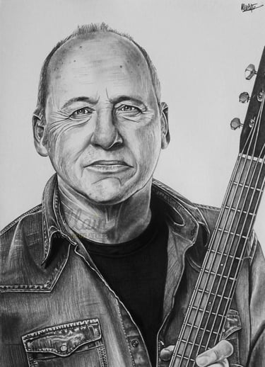 Portrait dessiné en noir et blanc de Mark Knopfler