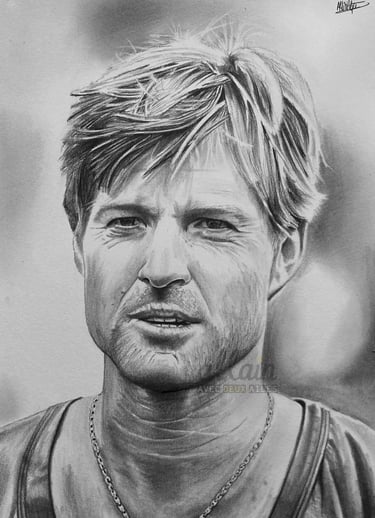 Portrait dessiné en noir et blanc de Robert Redford