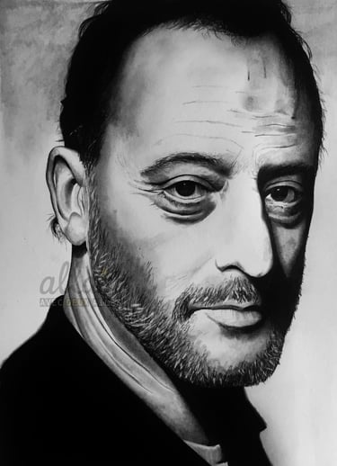 Portrait dessiné en noir et blanc de Jean Reno
