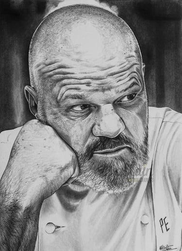 Portrait dessiné en noir et blanc de Philippe Etchebest