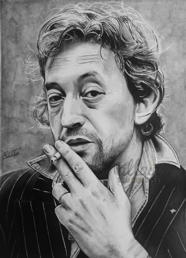 Portrait dessiné en noir et blanc de Serge Gainsbourg