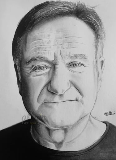 Portrait dessiné en noir et blanc de Robin Williams
