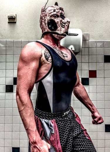Man in speckled pup mask.