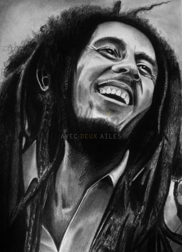 Portrait dessiné en noir et blanc de Bob Marley