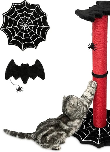 Littlesy 34-inch Gothic Halloween cat scratching post with spider web base, bat top, and spider toy 