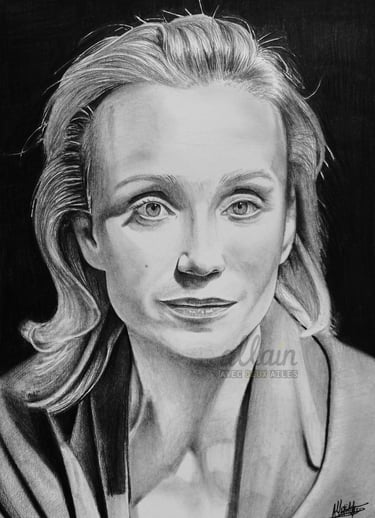 Portrait dessiné en noir et blanc de Kristin Scott Thomas