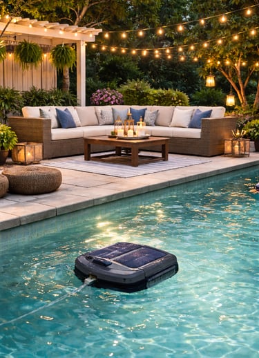 Automatic pool cleaner robot cleaning a backyard swimming pool next to a patio with outdoor furniture and string lights.