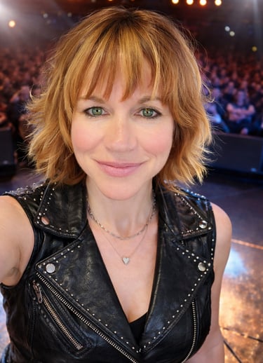 Tracy wearing a studded leather vest at a concert.