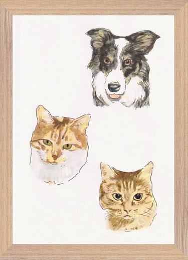 portrait couleur style BD de chien et chats imprimés sur poster encadré bois FSC