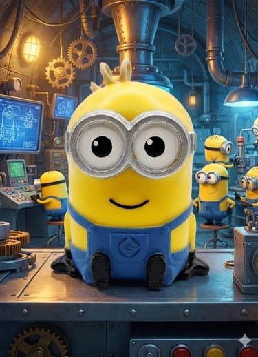 Vela artesanal inspirada en personajes animados tipo Minion, diseño geek