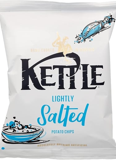 A bag of Kettle Brand Lightly Salted potato chips, hand cooked and gluten-free snack.