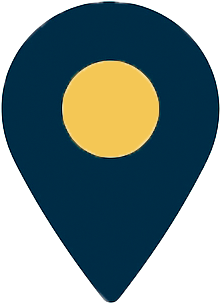 Ícono de ubicación con marcador geográfico en amarillo sobre fondo azul oscuro.