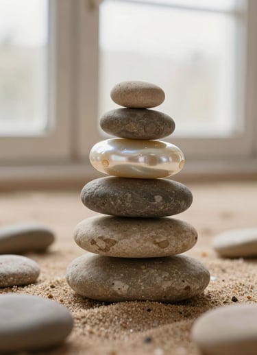 Close-up of smooth river stones stacked in perfect balance, soft morning window light, warm sand tones, shallow depth of field, 35mm