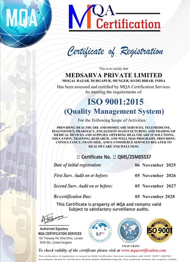 Medsarva Private Limited awarded ISO 9001:2015 certification for excellence in healthcare services