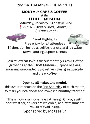 A flyer for a monthly cars and coffee event in Stuart FL 