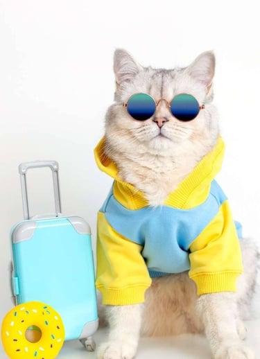 Un gato blanco y esponjoso, con una sudadera colorida y gafas de sol, sentado junto a una maleta