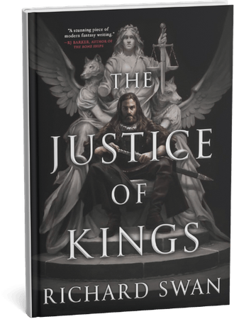 The Justice of Kings fantasy novel by Richard Swan featuring a man with a sword and a winged statue.