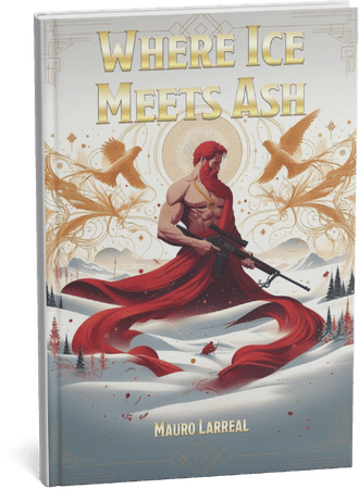 Fantasy novel cover Where Ice Meets Ash by Mauro Larreal featuring a red-bearded warrior with a rifle.