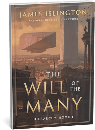 Cover of The Will of the Many by James Islington, a fantasy novel featuring a floating stone structure.