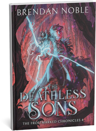 The Deathless Sons fantasy novel cover by Brendan Noble featuring a character wielding blue magical energy.
