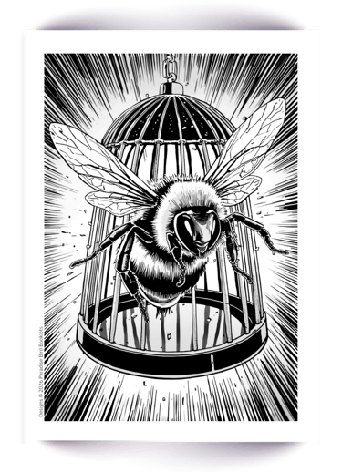 Freebie comic-style coloring page of a large honeybee flying out of an open birdcage.