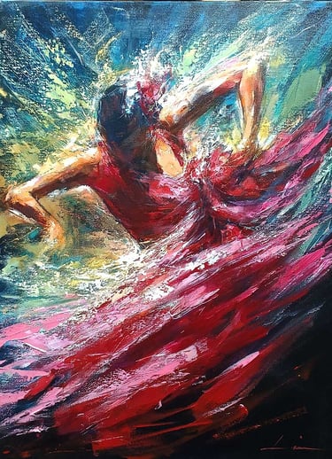 Pintura artística al óleo de una bailaora flamenca con vestido rojo capturando el movimiento y compás del baile andaluz.