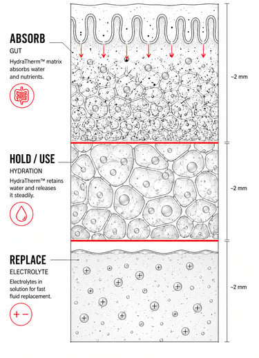 HydraTherm three-layer hydration system showing the electrolyte layer, the hydration layer and the g