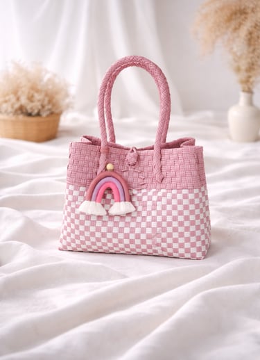 Handmade recycled plastic woven bag dusty pink combination eco friendly tote for women Craftvitas Indonesia