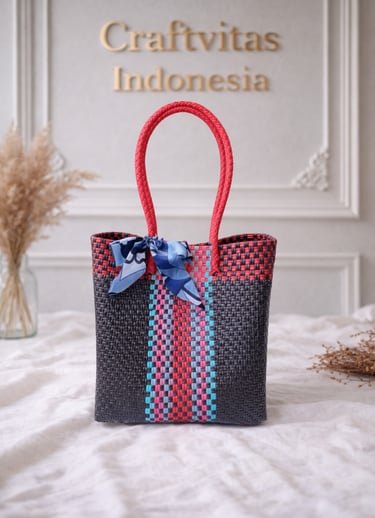 Rainbow black red blue striped handwoven plastic tote bag handmade Craftvitas Indonesia