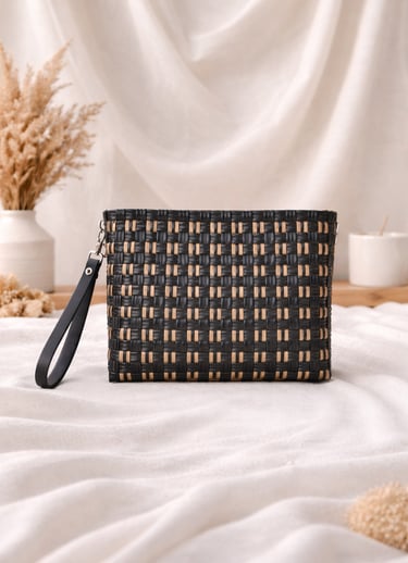 Black and gold checkered woven plastic clutch bag handmade by Craftvitas Indonesia