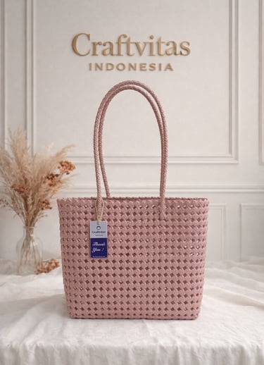 Handmade woven plastic tote bag Sekar series dusty pink color, recycled plastic artisan bag Craftvitas Indonesia